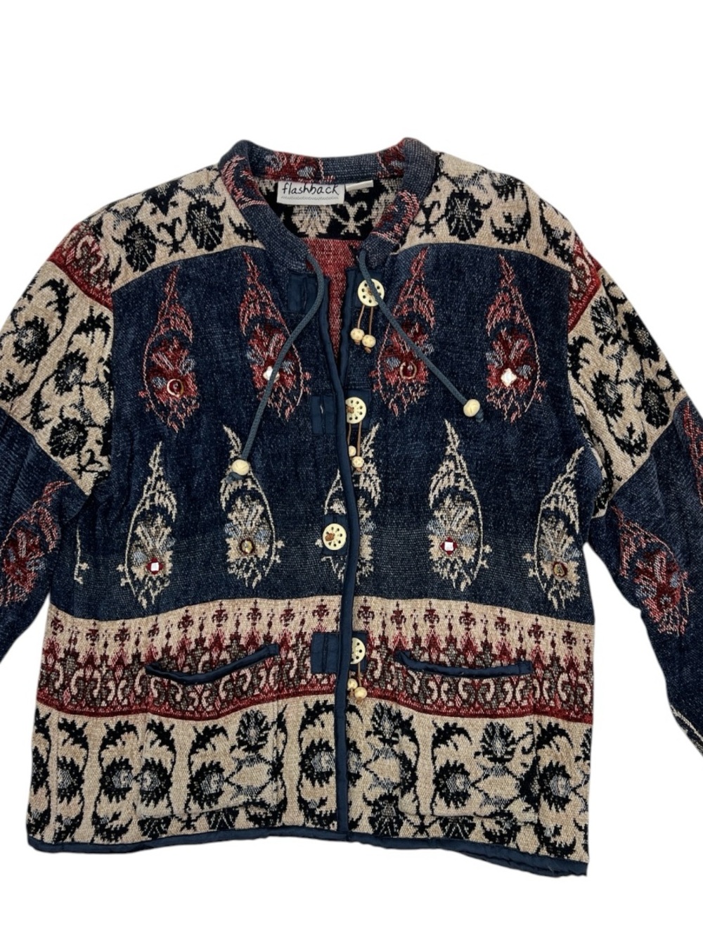Vintage 90s Flashback woven tapestry jacket bohemian Paisley Print Toggle Button